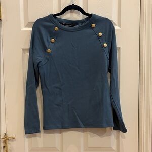 White House Black Market Blue Long Sleeve Top with Gold Buttons
